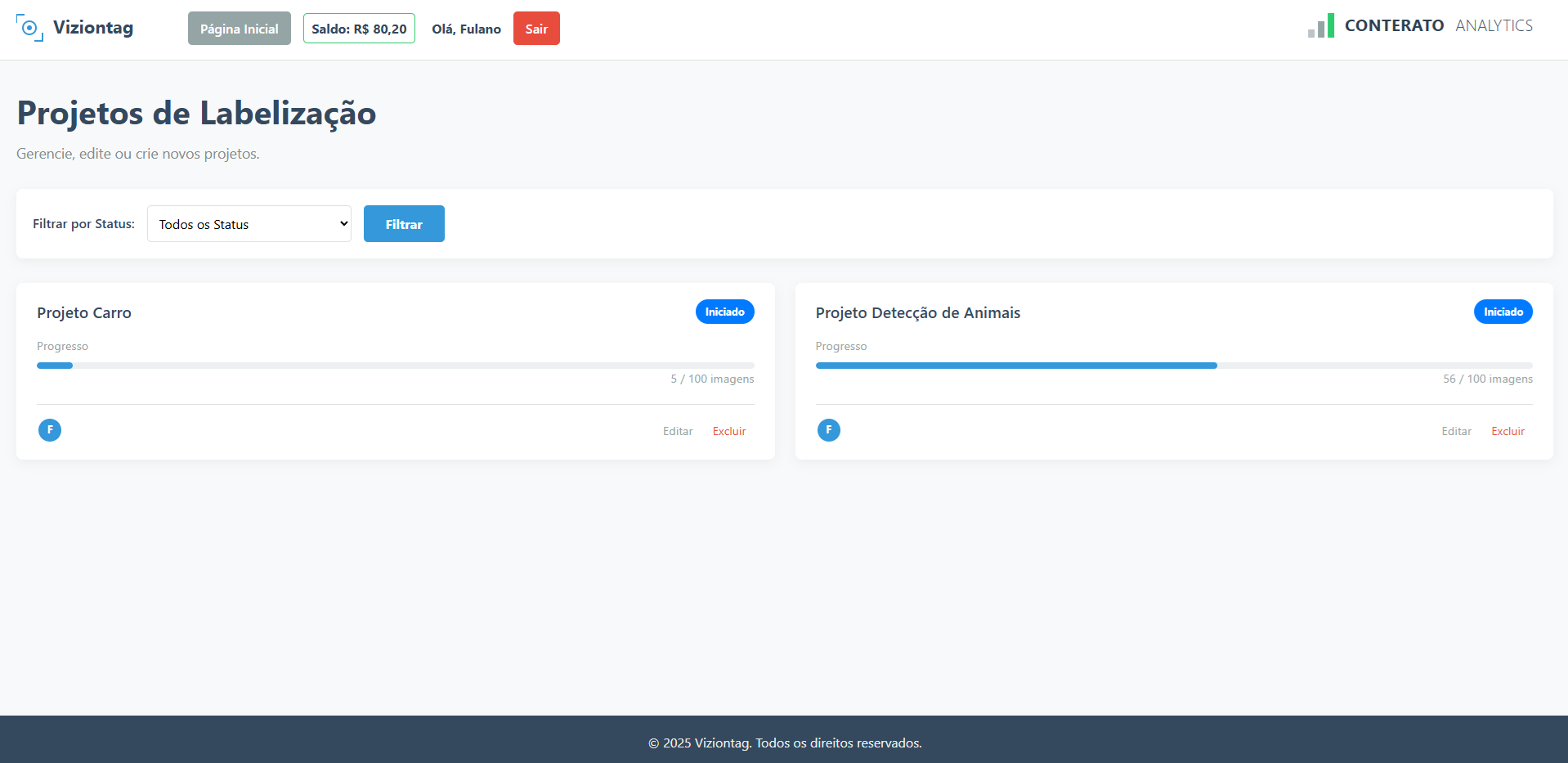 Interface da plataforma VizionTag